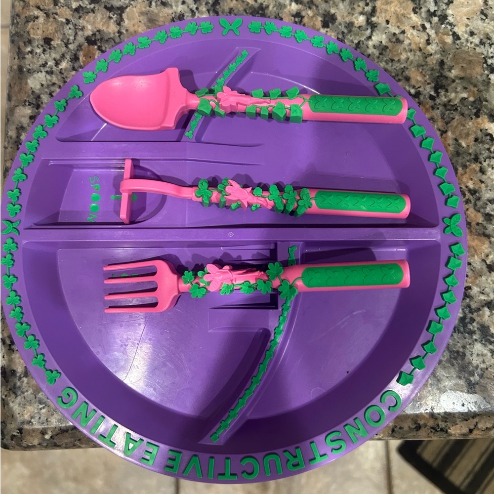 Purple Constructive Eating Plate and Utensils Set